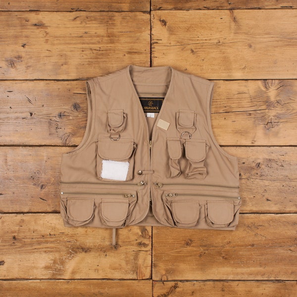 Vintage Workwear Jacket M 90s Utility Fishing Vest Beige Zip