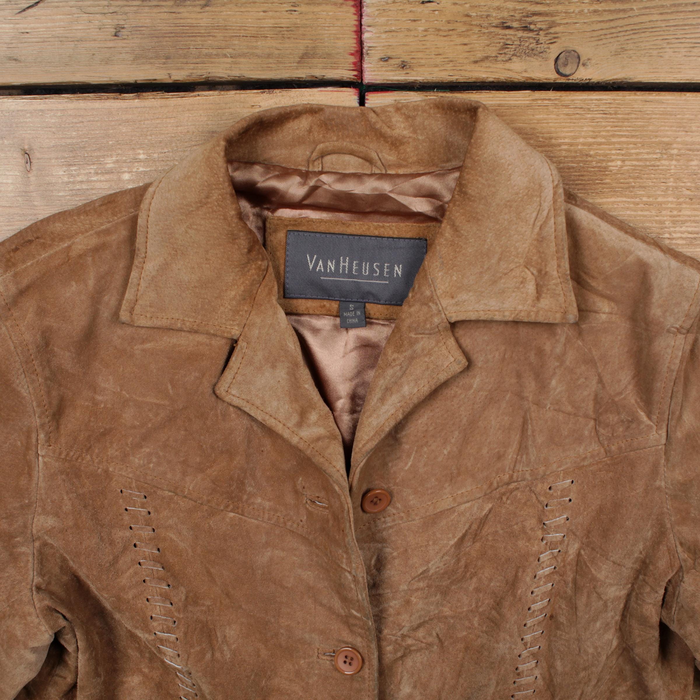 Vintage Van Heusen Leather Jacket S 80s Western Suede Brown Womens