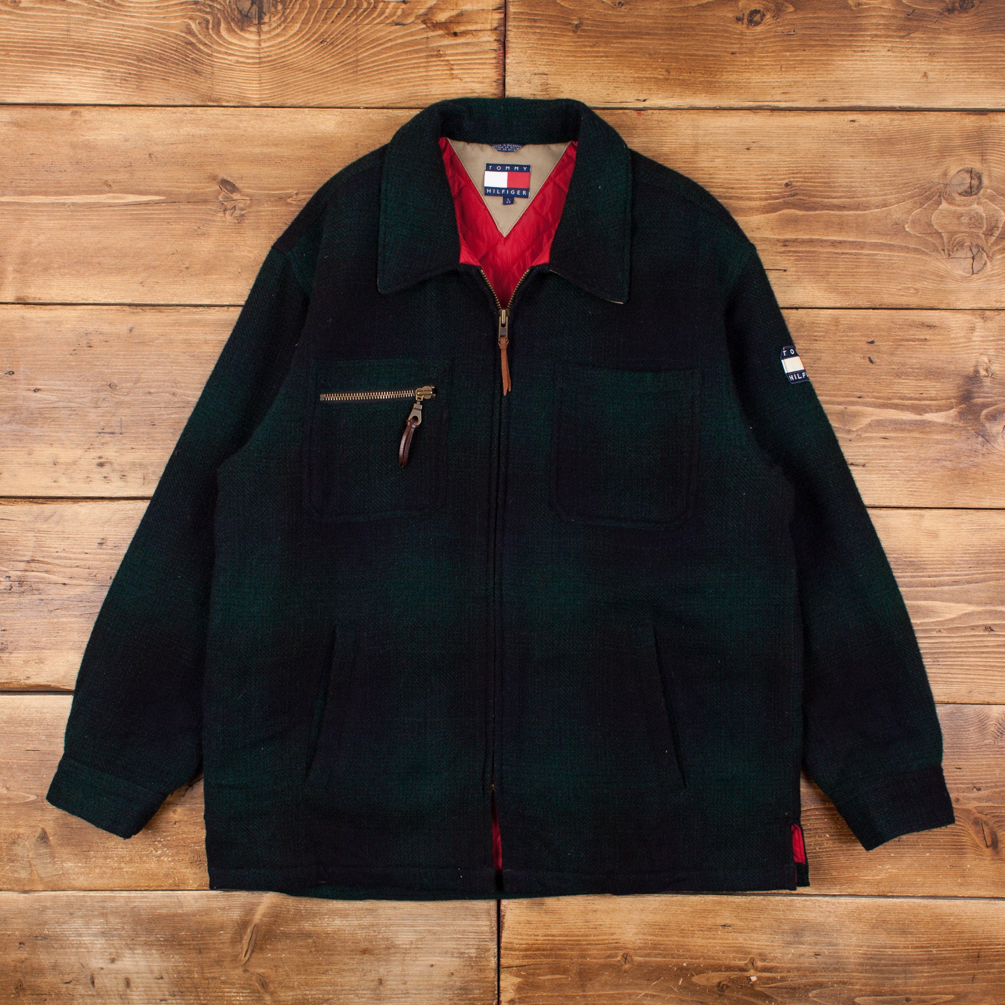 Vintage Tommy Hilfiger Wool Jacket L 90s CPO Shirt Green Check