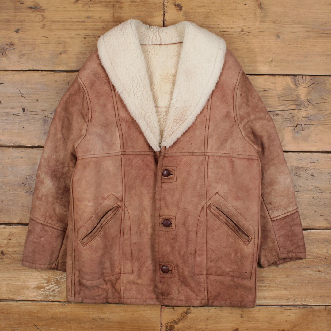 Vintage Leather Jacket L 80s Sherpa Lined Overcoat Brown - Etsy