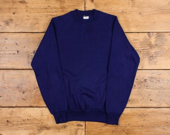 Vintage Blank Navy Sweatshirt S Slim 80s Blue Roundneck Pullover Jumper