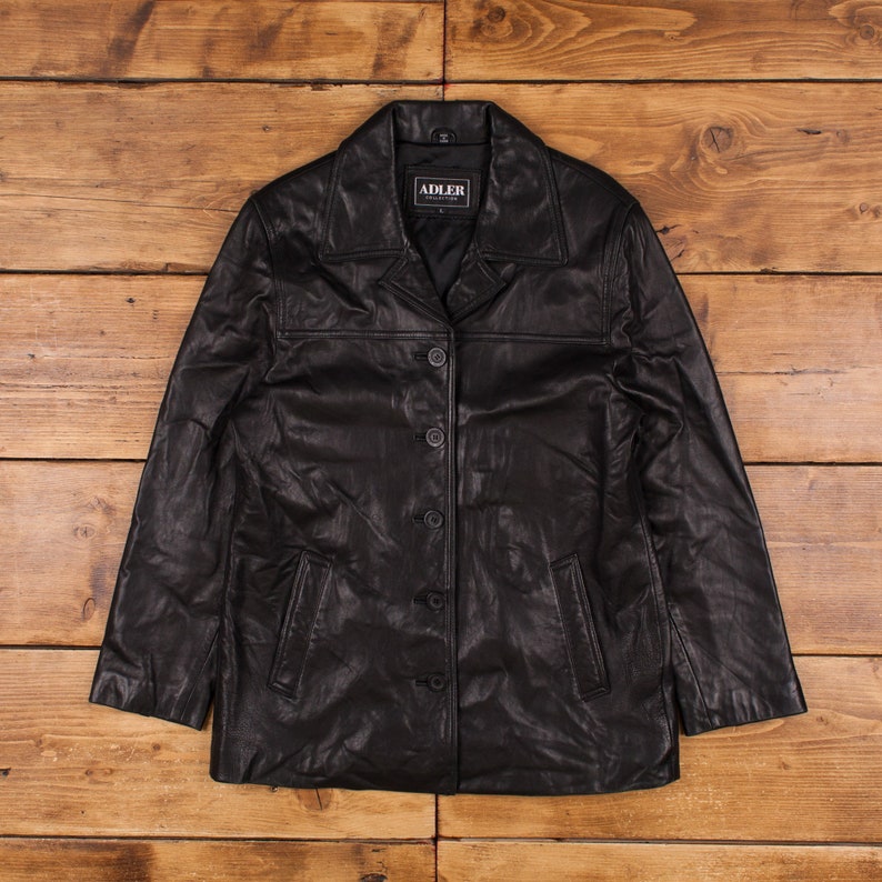 Vintage Adler Leather Jacket L Mob Blazer Car Coat Black Womens Button image 1
