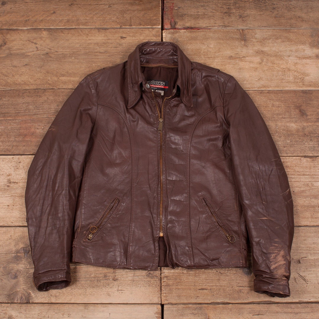 Vintage Brooks Leather Jacket Large Racer USA Made Talon Zip Brown