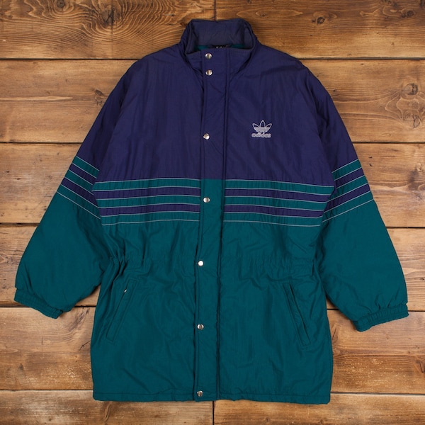 Vintage adidas Windbreaker Coat L 90s Padded Three Stripe Trefoil Green Zip