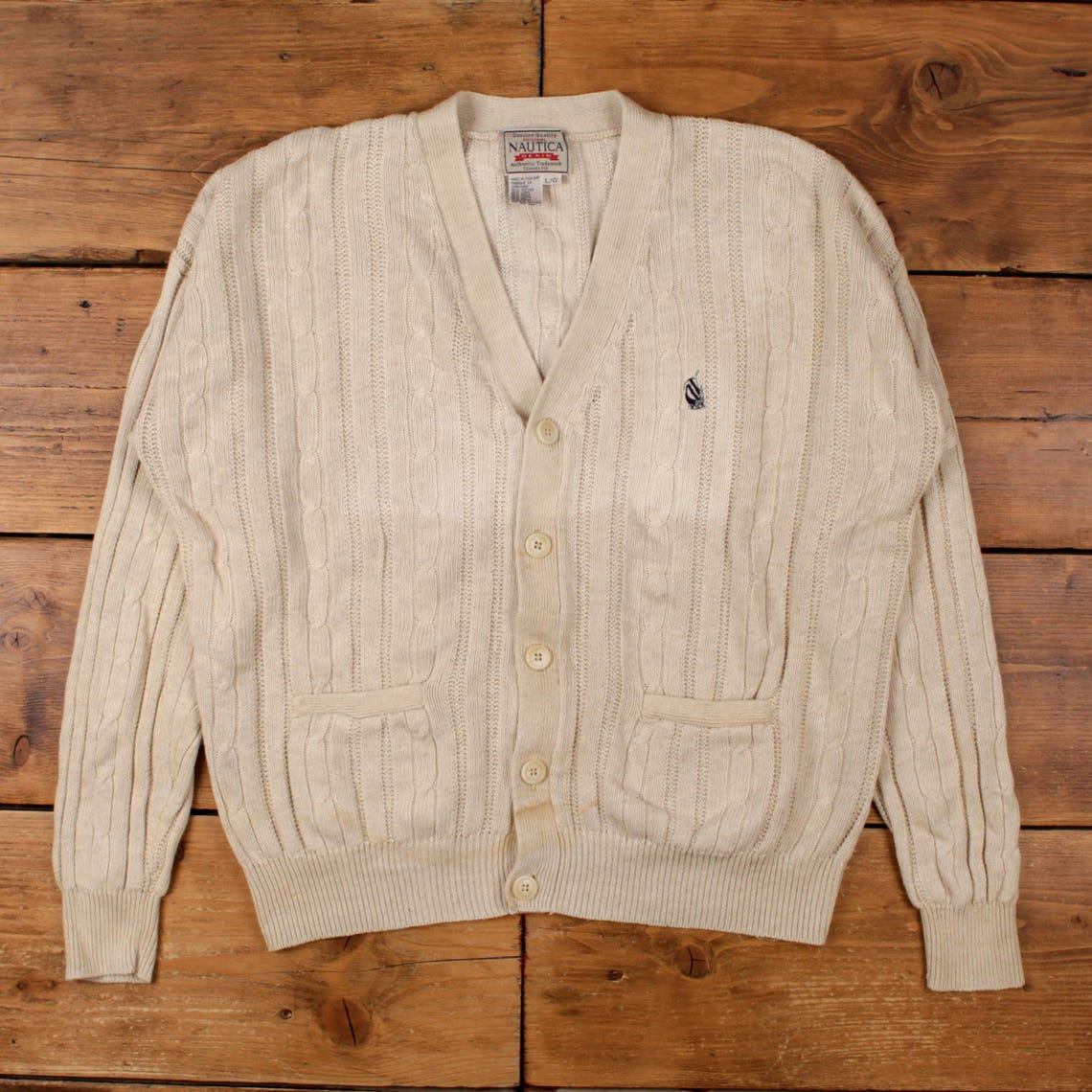 Vintage Nautica Cardigan L Mens 90s Cotton Blend V-neck Cable Knit Jumper, foto 1 di 5