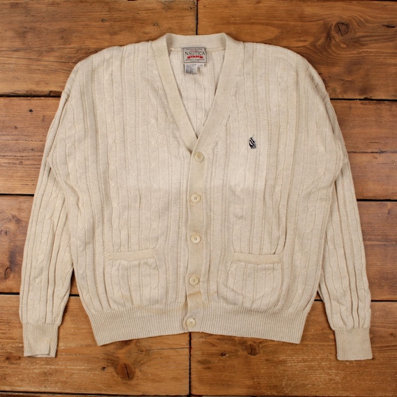 Vintage Nautica Cardigan L Mens 90s Cotton Blend V-neck Cable Knit Jumper
