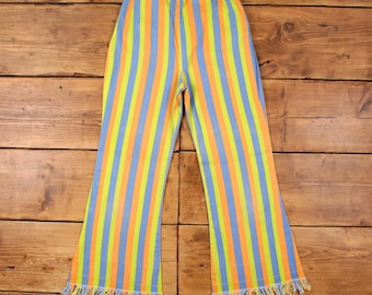 Vintage Flared Trousers Pants 24x28 Womens 70s Striped Bell Bottom Fringed Hem