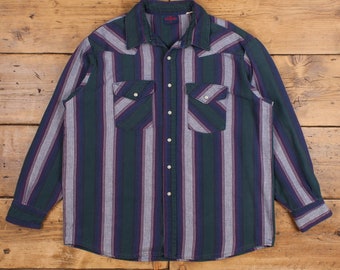 Vintage Dakota Western Shirt Snap XL 90s Striped Cowboy Mens Long Sleeve Blue