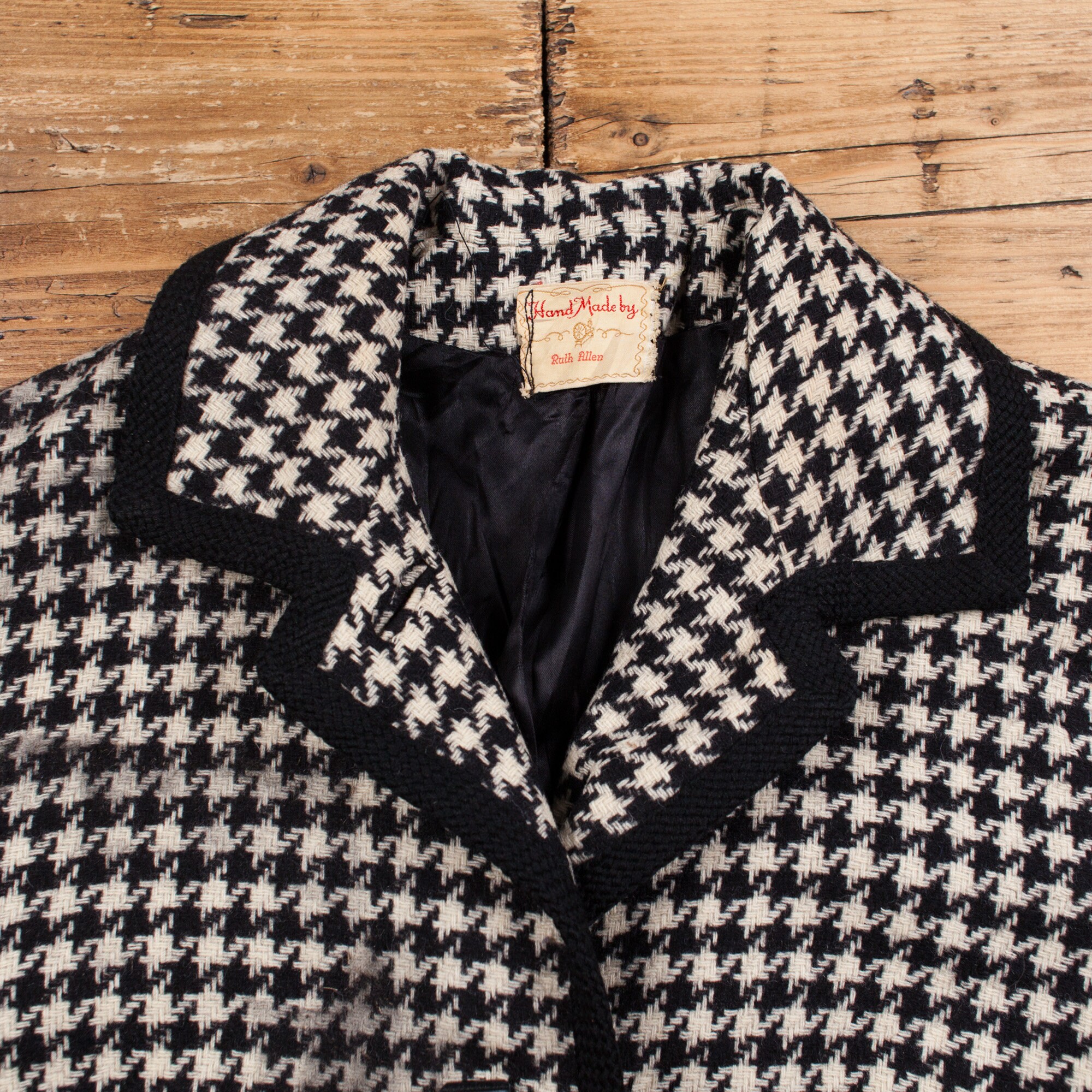 Vintage Wool Jacket M 80s Overcoat Houndstooth Check Black