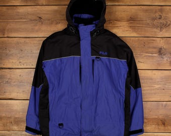 Fila Windbreaker Jacke Mantel L Herren Blau Nylon Kapuze Voller Reißverschluss Sport Casual
