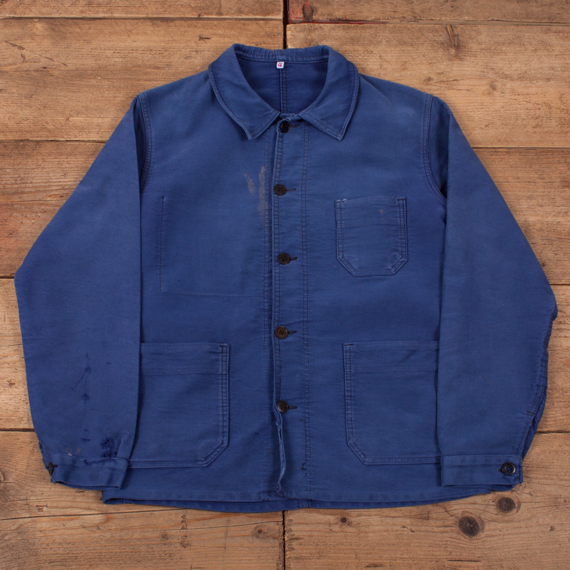 Vintage French Workwear Jacket S Moleskin Chore 60s Blue Sun