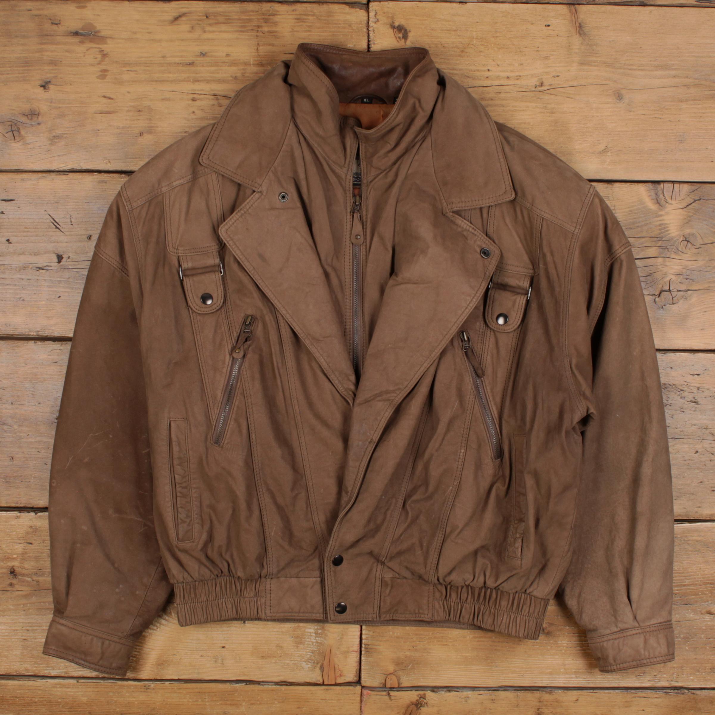 Vintage Gallucci Leather Jacket XL 80s Bomber Double Collar Brown