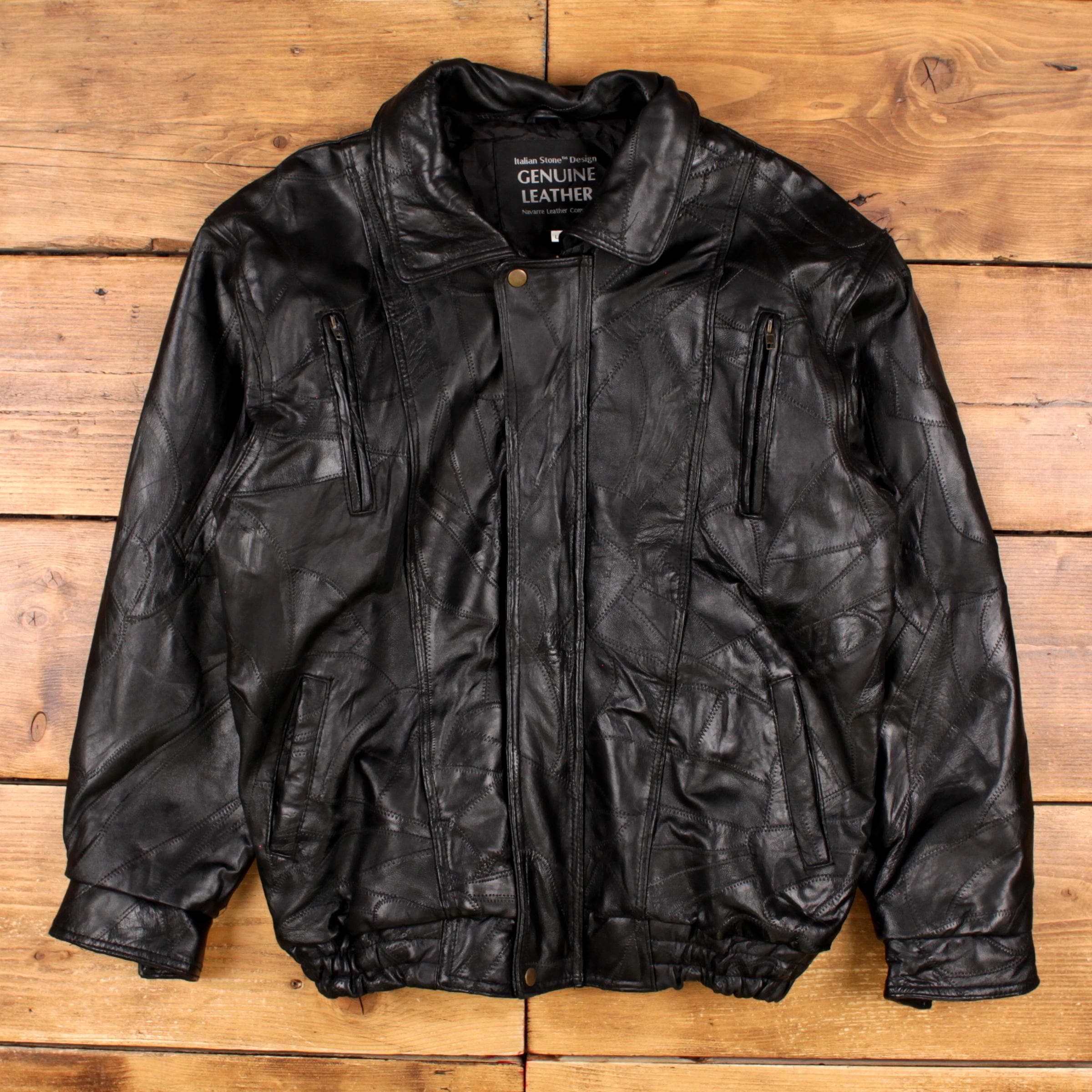 Vintage Navarre Leather Jacket L 90s Patchwork Bomber Black - Etsy