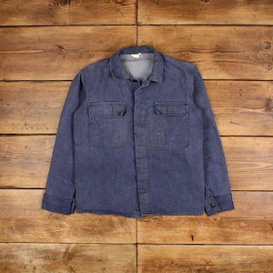 Vintage French Workwear Jacket M Faded Sun Faded Blue Button Chore Utility