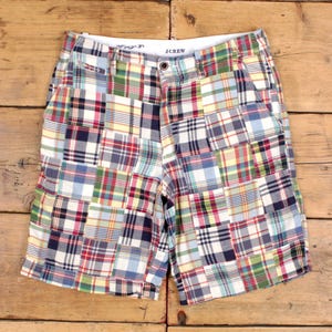 Pantalones cortos de patchwork Madras de J Crew, talla 30, para hombre, color azul, estilo chino a cuadros, verano.