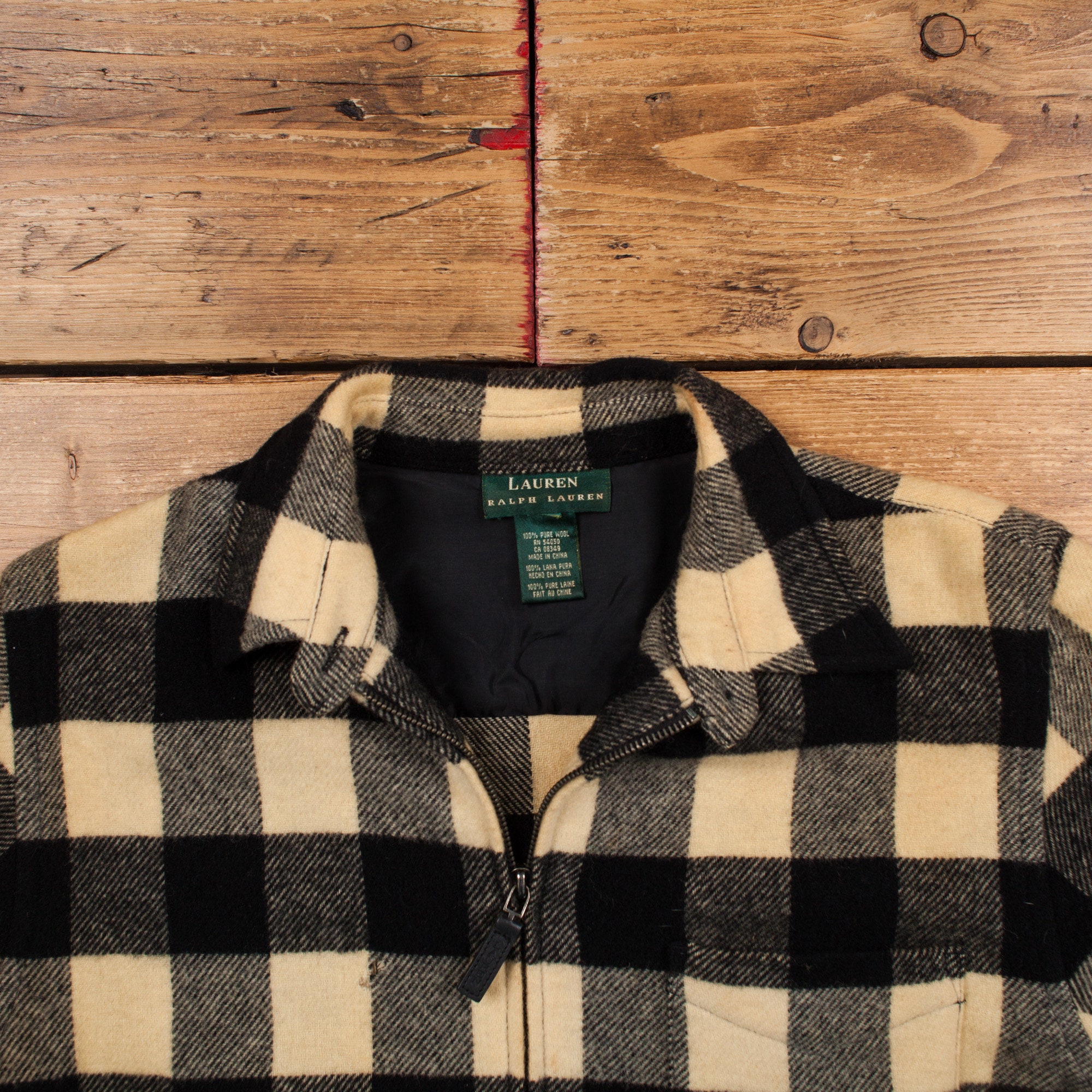 Vintage Ralph Lauren Wool Jacket L 90s Shacket Plaid Beige Womens