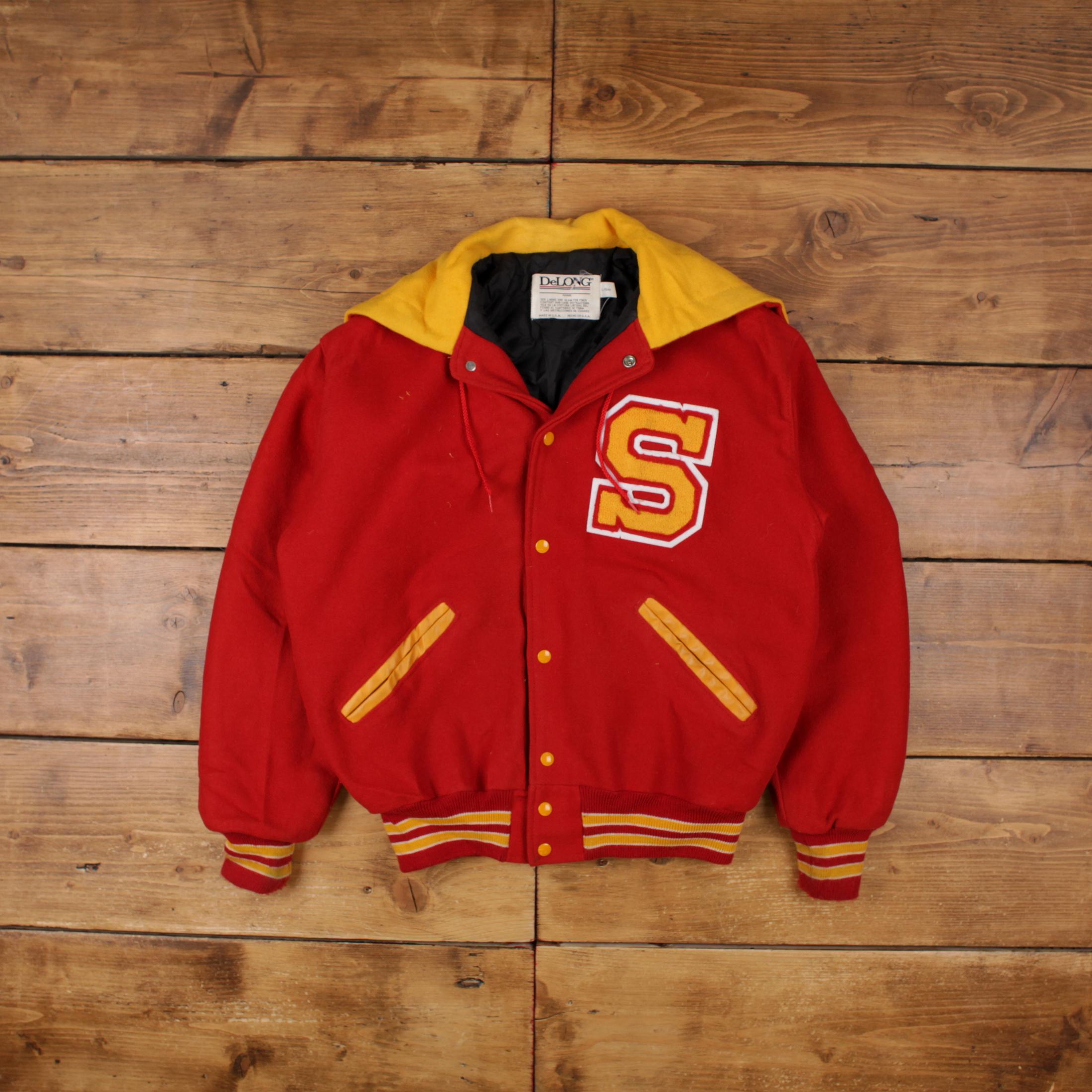 Vintage Delong Varsity Jacket L 80s Bomber Letterman USA Made Red 