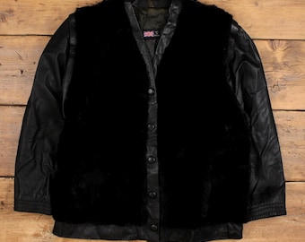 Vintage Faux Fur Jacket L Leather Black Womens