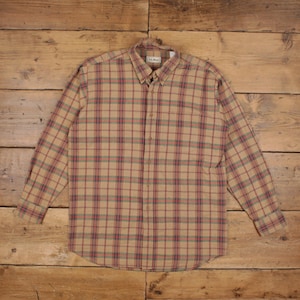 Vintage L.L.Bean Check Shirt Button L Aztec Plaid Mens Long Sleeve Beige Check