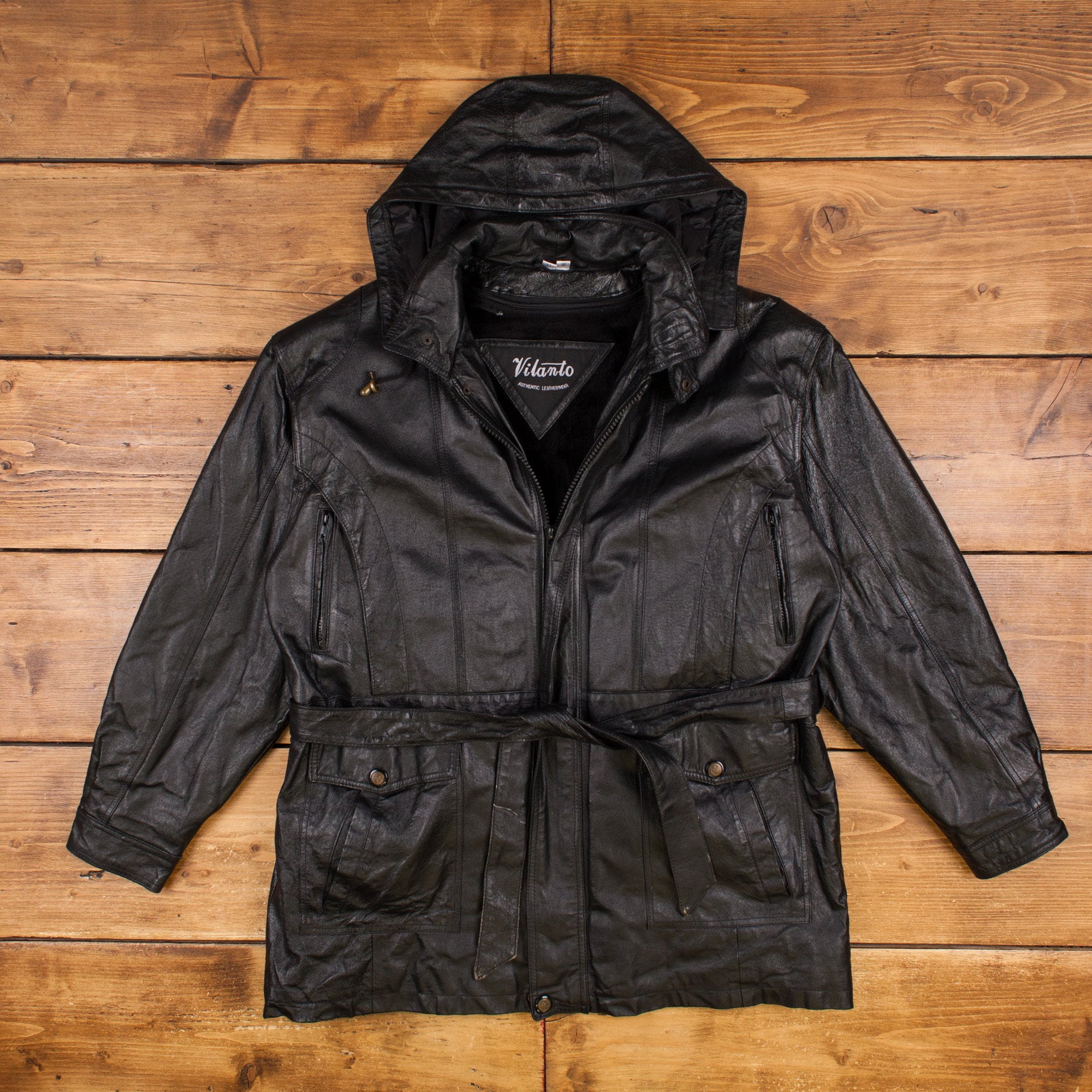 Vintage Vilanto Leather Coat XL 90s Removable Hood Belted Vintage Vilanto Leather Coat XL 90s Removable Hood Belted