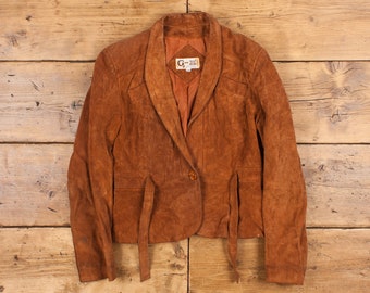 Vintage Suede Leather Jacket XS 80s Blazer Style Brown Womens Button