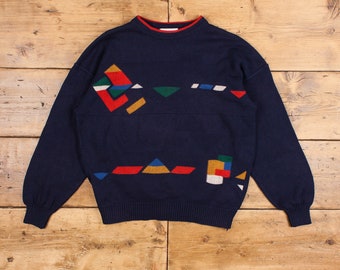 Vintage Fidschi Pullover Pullover L 90er Jahre Geometrisch Abstrakt Rundhals Blau
