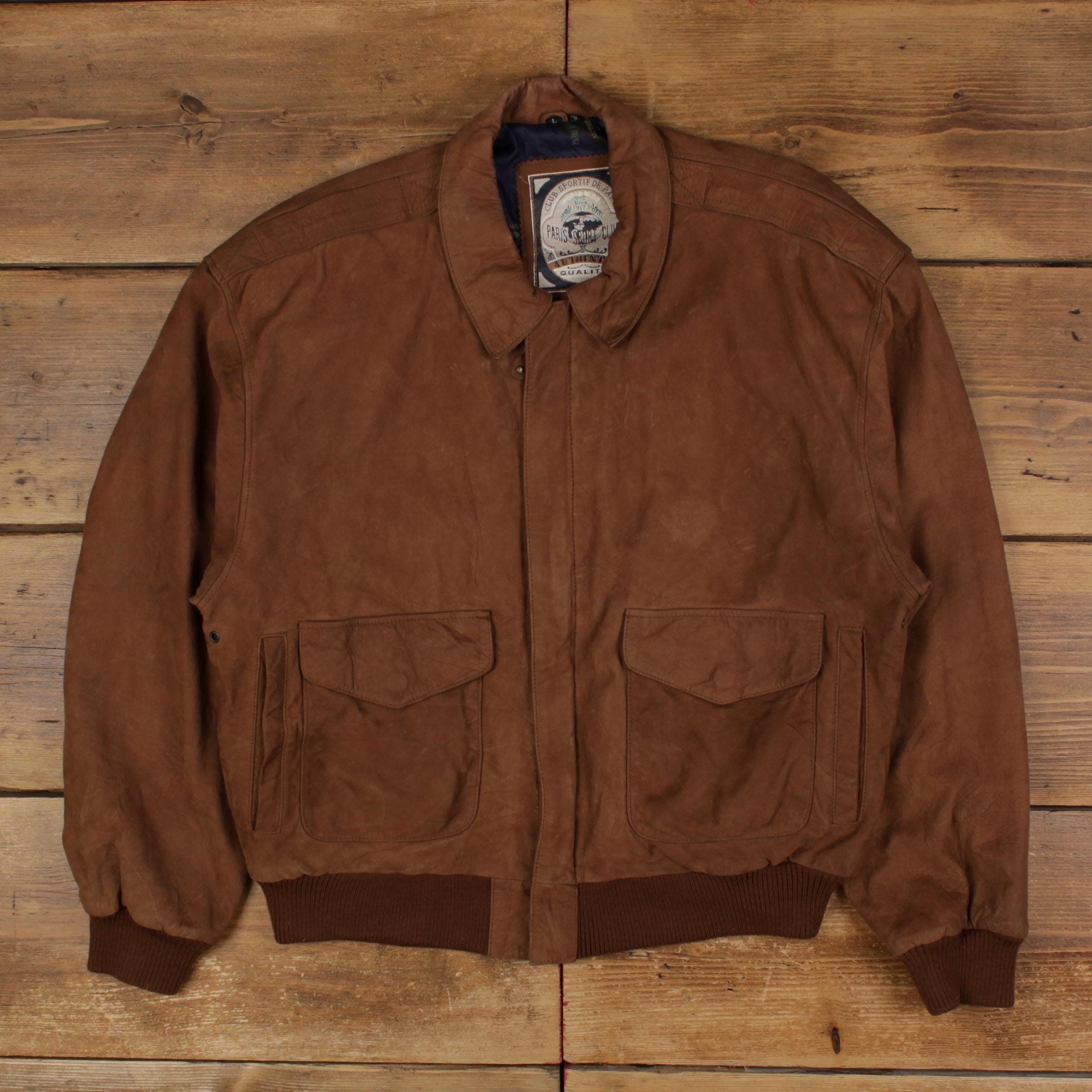 Vintage Paris Sport Club Leather Jacket L Suede Bomber Brown - Etsy