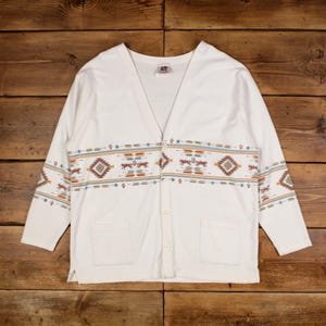 Vintage Art Unlimited Cardigan 2XL Geometric Aztec V-Neck White