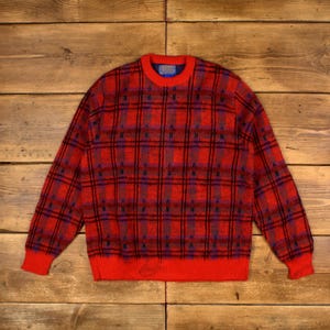 Vintage Pendleton Jumper Sweater L 70s Plaid USA Made Roundneck Wool Red
