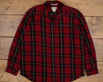 Camisa de franela con botones L.L. Bean, talla L, para hombre, de algodón, a cuadros, con bolsillo, estilo leñador, senderismo, color rojo.