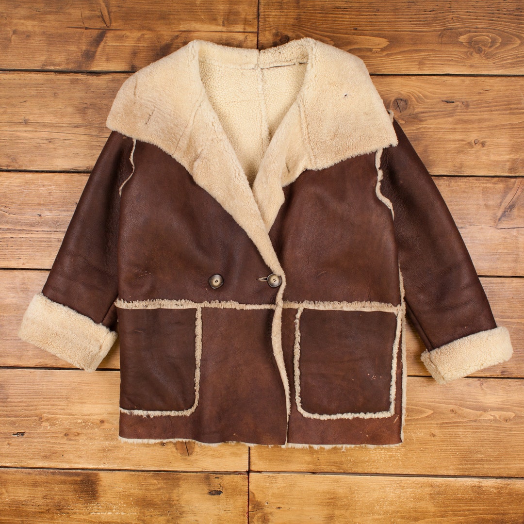 Vintage 80s Light Brown Aviator Shearling Coat 12 14 16 main image 1