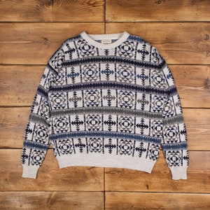 Vintage St John&#39;s Bay Jumper Sweater L 90s Geometric Aztec Roundneck Grey