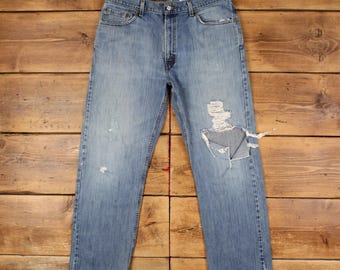 Levis 505 jeans 36 x 30 blauw, regular, vervaagd distressed denim