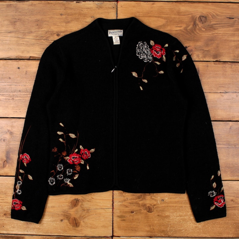 Vintage Pendleton Shacket Jacket M 90s Embroidered Floral Black Womens image 1