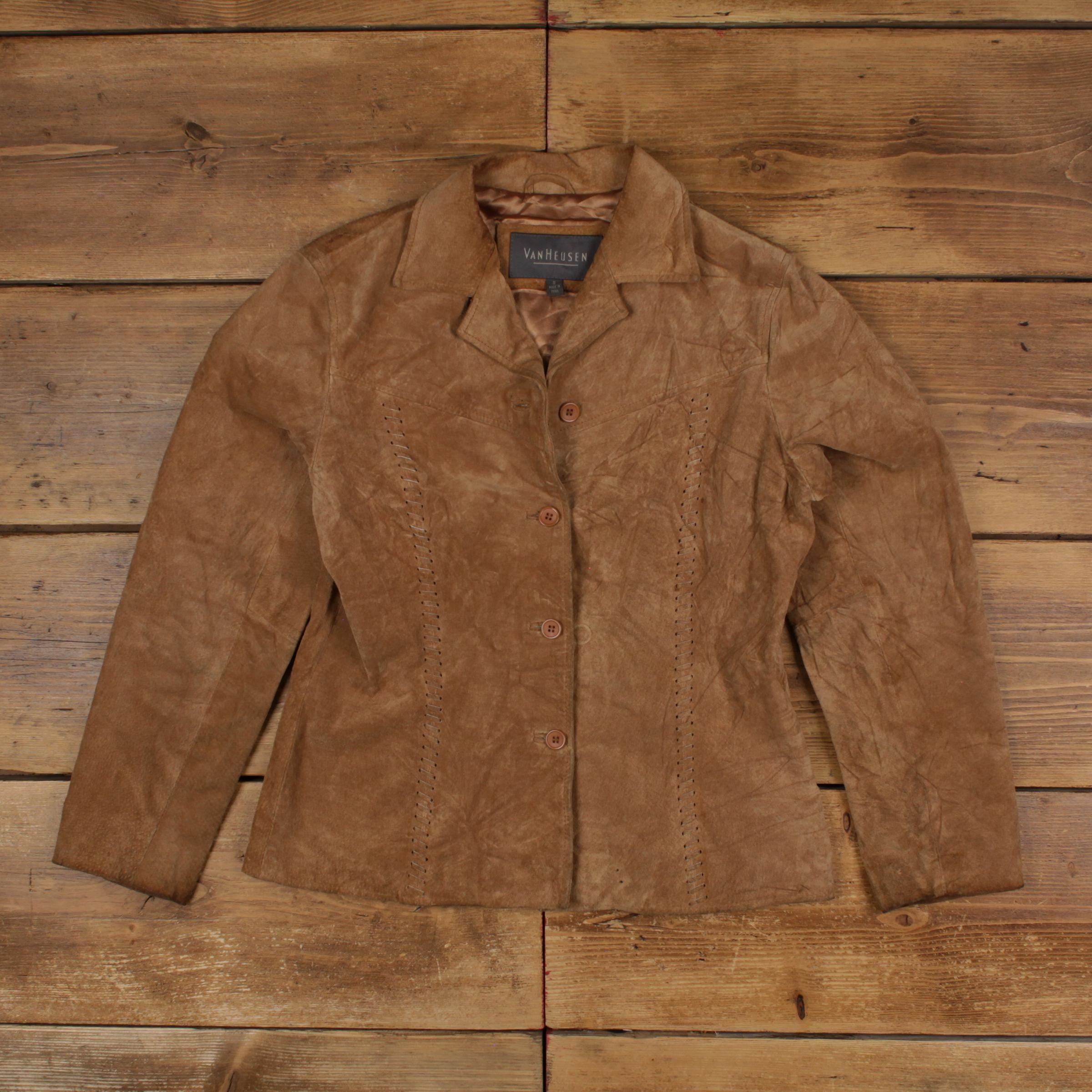 Vintage Van Heusen Leather Jacket S 80s Western Suede Brown Womens