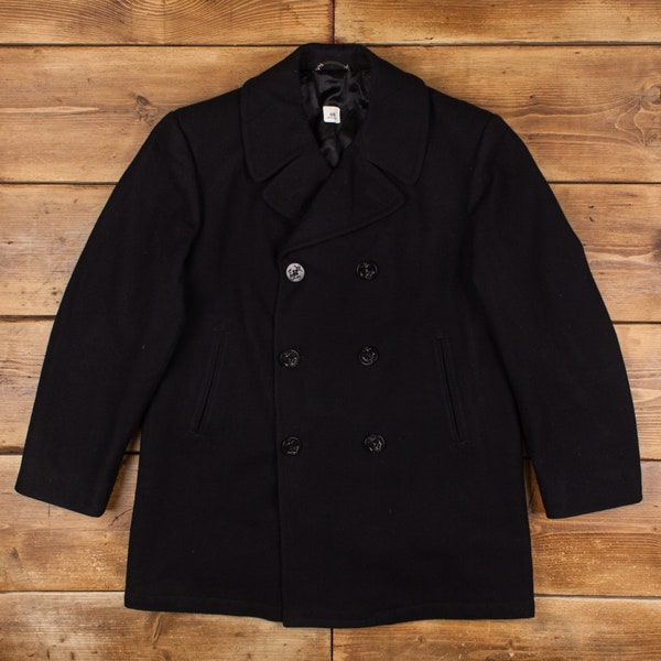 Vintage Wool Coat L 80s Pea Coat Black Button