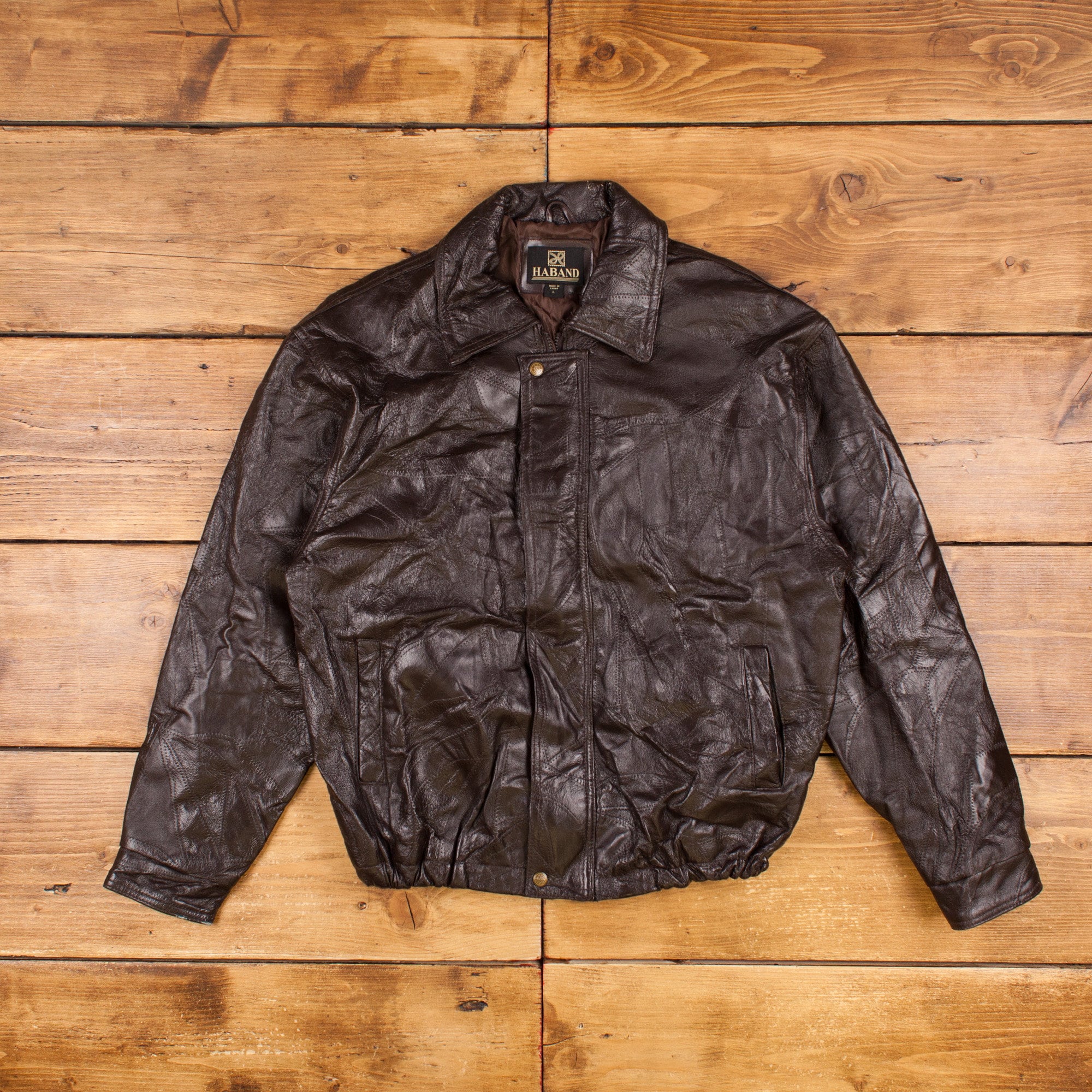 Vintage Haband Leather Jacket L 90s Bomber Patchwork Brown Vintage Haband Leather Jacket L 90s Bomber Patchwork Brown