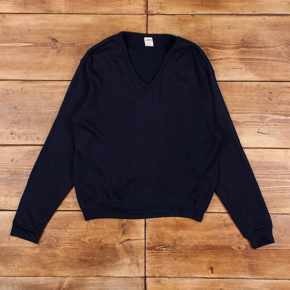 Vintage Champion Knit Sweatshirt S USA Made 70s Blank Dark Navy V