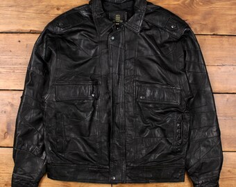 Veste Cuir Bomber Napoline – Homme XL – Patchwork Noir – Vintage