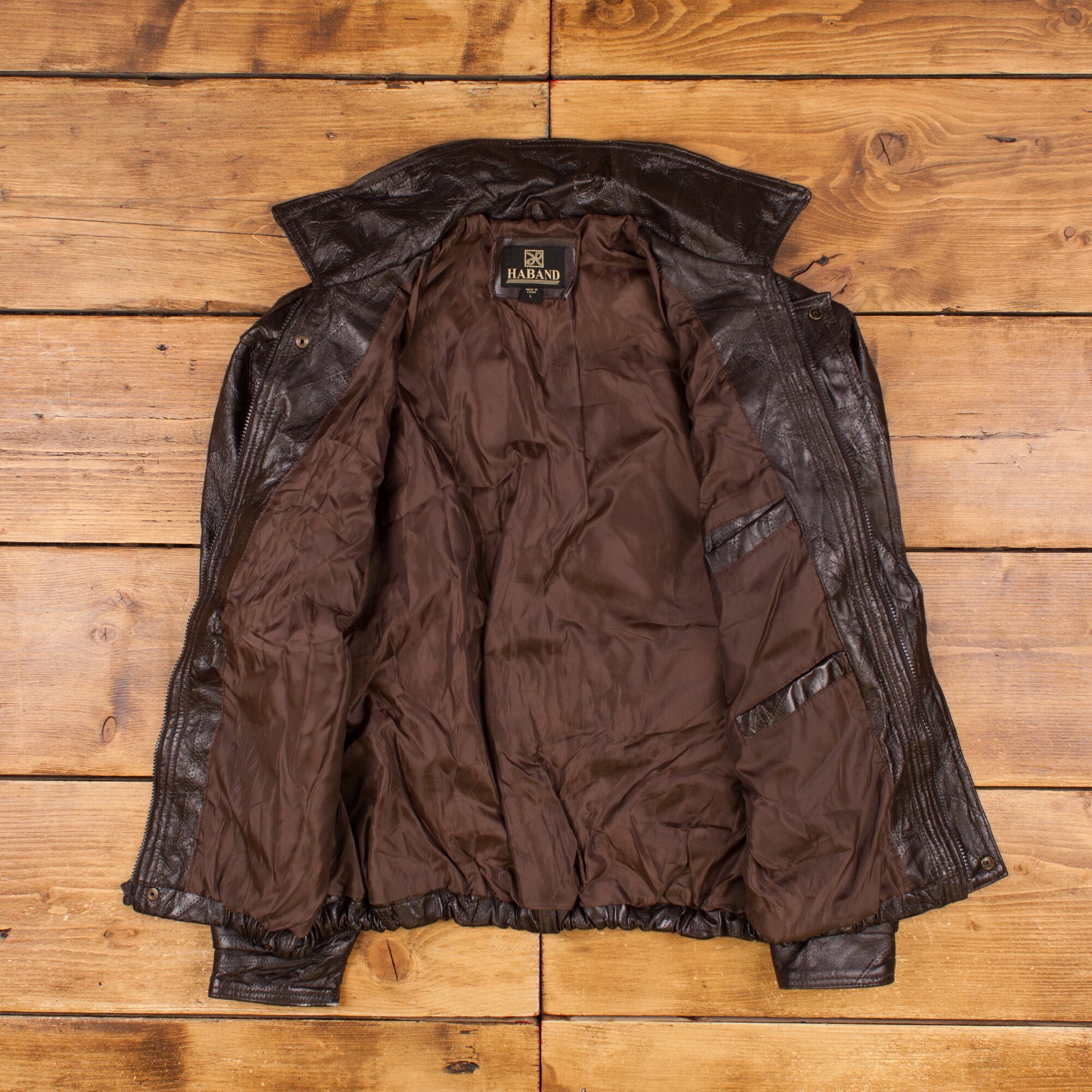 Vintage Haband Leather Jacket L 90s Bomber Patchwork Brown Vintage Haband Leather Jacket L 90s Bomber Patchwork Brown