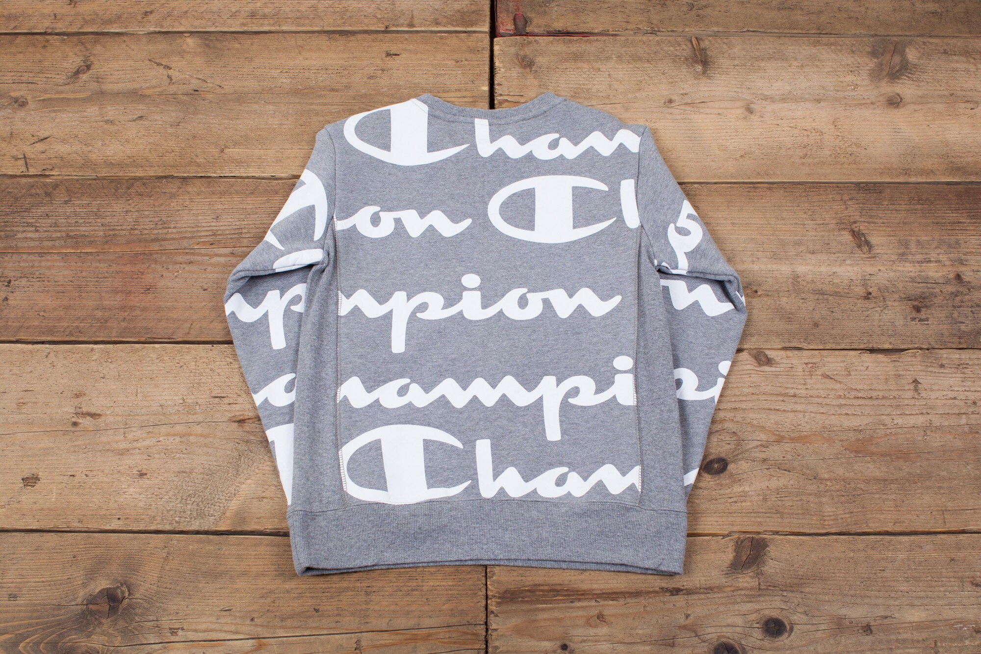 Champion All Over Print Sweatshirt Small Grey Spell Out Logo