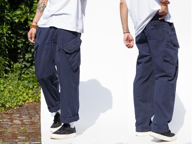 Pantalon militaire de combat de travail bleu marine de l'armée britannique vintage, pantalon large Toutes les tailles image 1