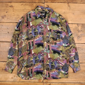 Camisa vintage de seda DC, tamanho P, masculina, com botões, estilo anos 80, estampa abstrata mista no bolso, verde.
