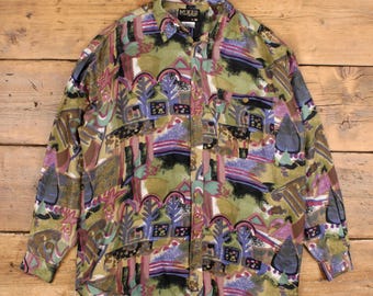 Vintage Dc Silk Shirt S Mens Button 80s Mixed Abstract Pocket Art Green