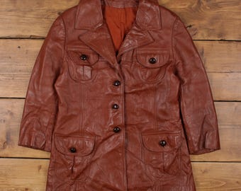 Jaqueta de couro vintage tamanho P, blazer marrom feminino dos anos 70