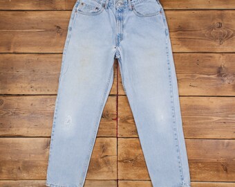 vintage Jeans Levis 550 32 x 30 délavage clair fuselé bleu rouge à onglets