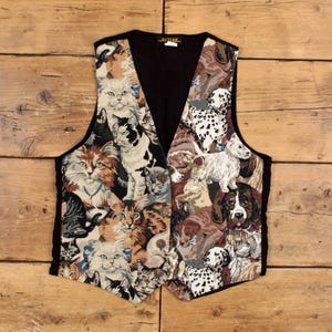 Vintage Active Gobelin Gilet M 90er Jahre Weste Katzen Hunde USA Made Braun Damen