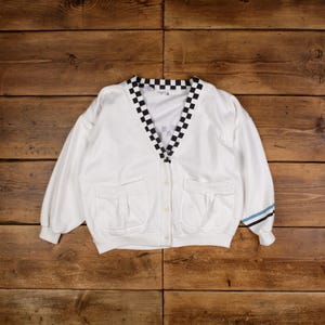 Vintage Le Coq Sportif Blank Sweatshirt M V-Neck Pockets Womens White