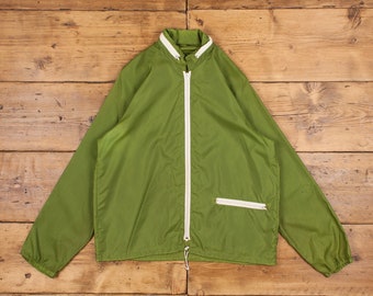Vintage Windbreaker Track Jacket L 80s Full Zip Lightweight Hooded Green