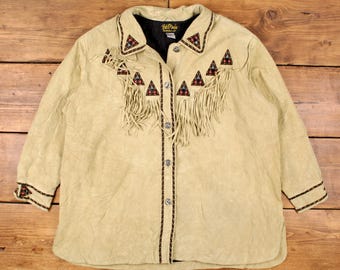Vintage Bob Mackie Leather Jacket 2XL 90s Western Fringe Beige Womens